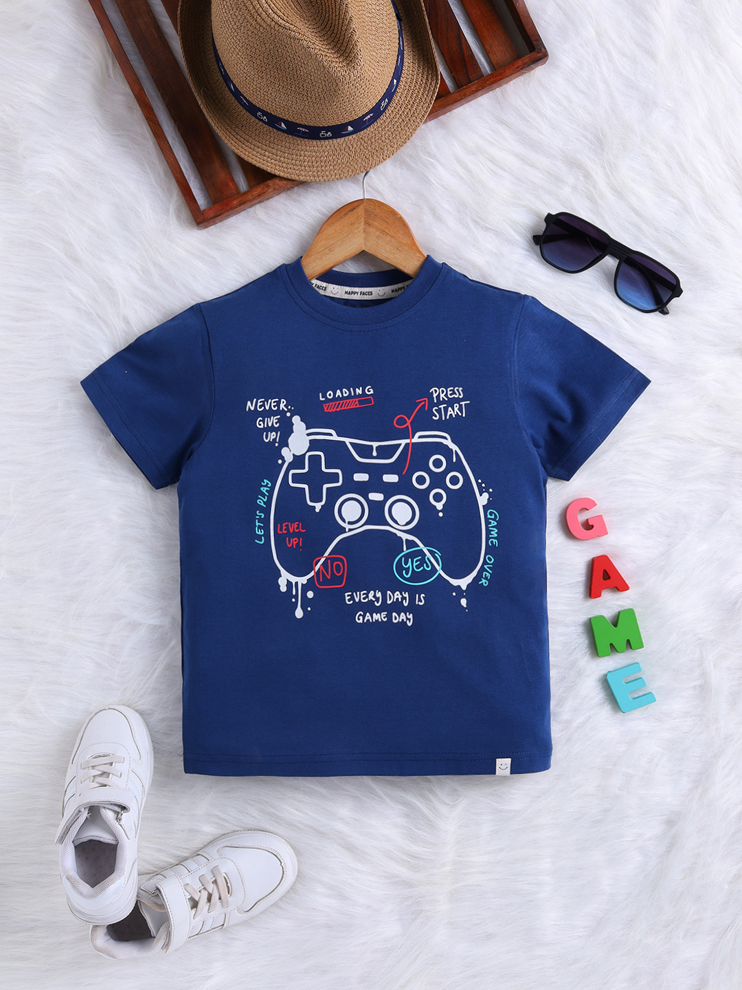 Happy Faces Graphic Printed Pure Cotton T-Shirt For Boys(AF.Blue , Pack Of 1)