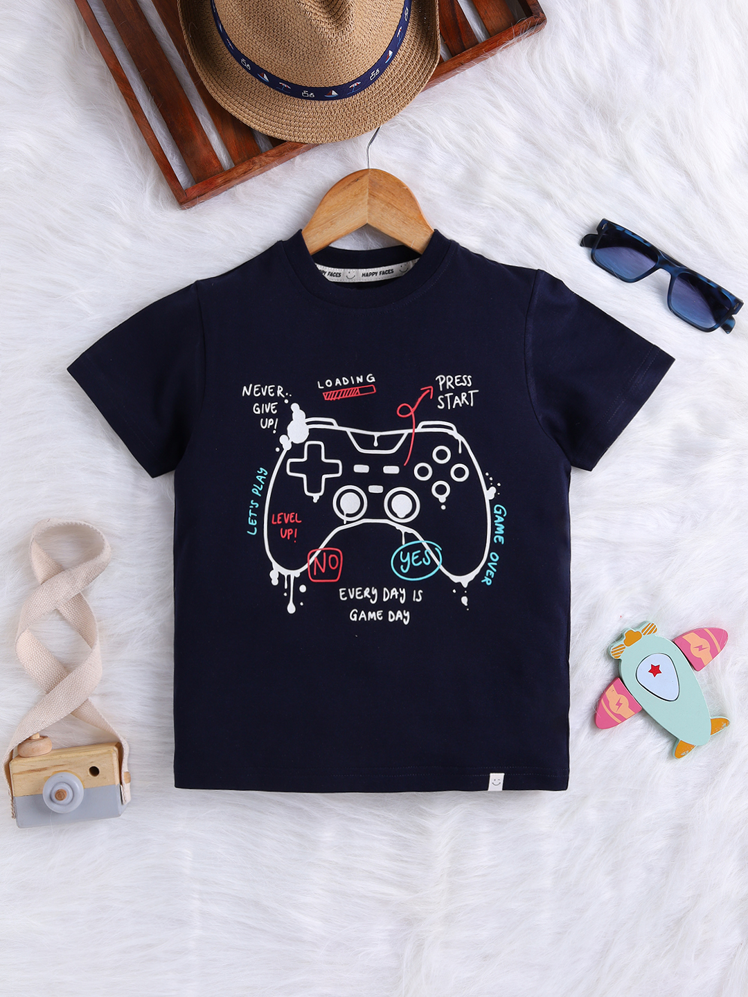 Happy Faces Graphic Printed Pure Cotton T-Shirt For Boys(Navy, Pack Of 1)