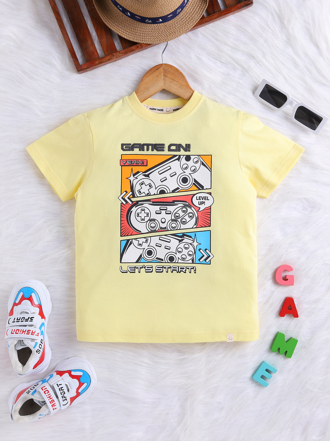 Happy Faces Graphic Printed Pure Cotton T-Shirt For Boys(Yellow, Pack Of 1)