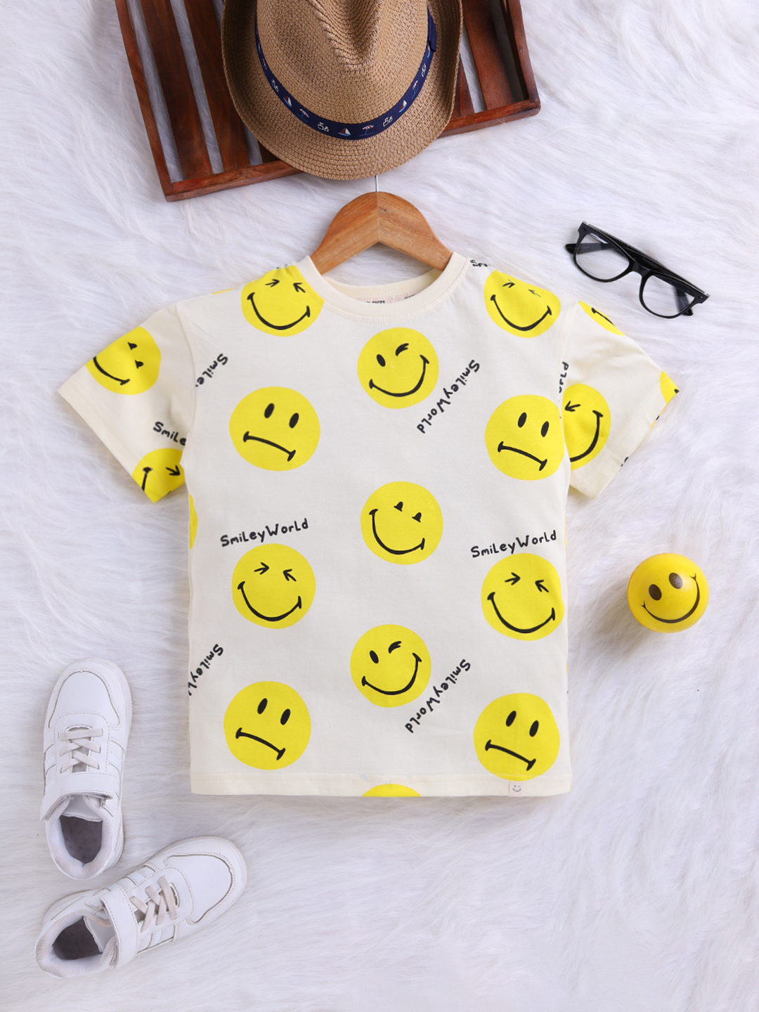 Happy Faces Smiley World Printed Pure Cotton T-Shirt For Boys(Yellow , Pack Of 1)