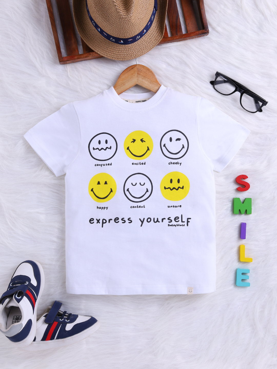 Happy Faces Smiley World Printed Pure Cotton T-Shirt For Boys(White, Pack Of 1)