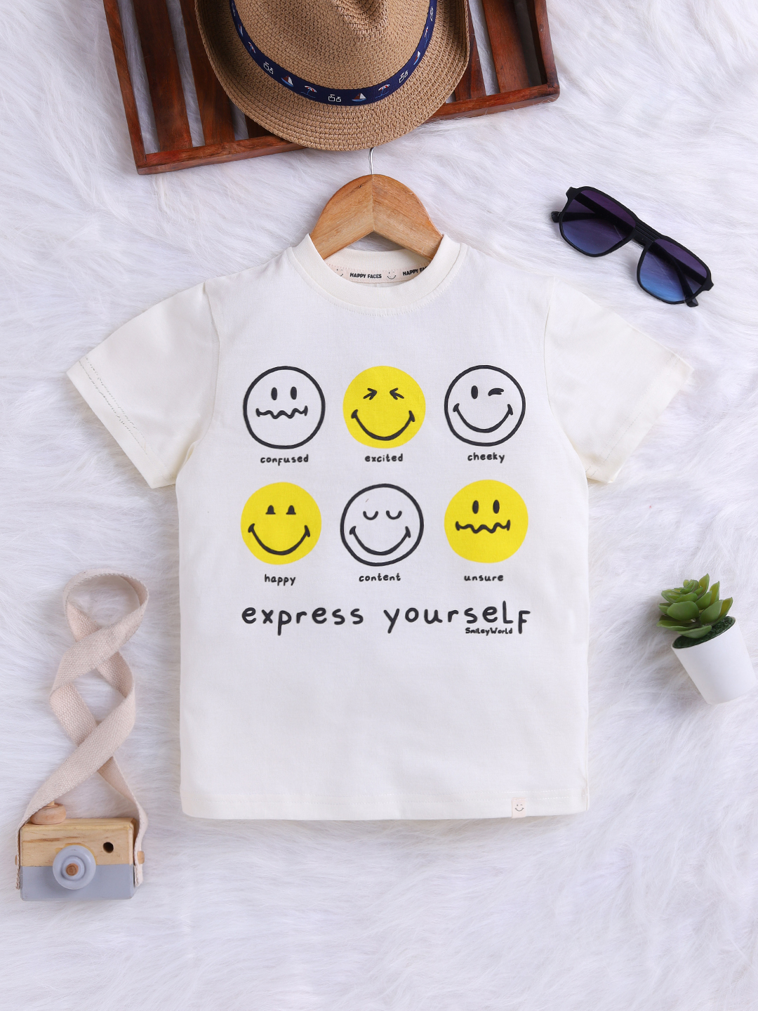 Happy Faces Smiley World Printed Pure Cotton T-Shirt For Boys(Butter, Pack Of 1)