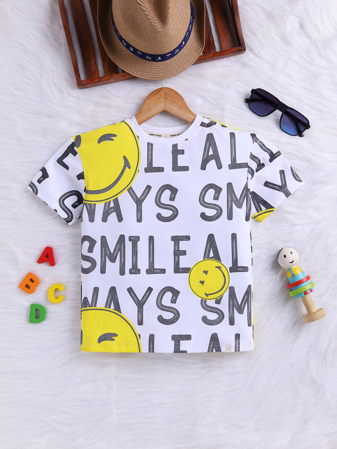 Happy Faces Smiley World Printed Pure Cotton T-Shirt For Boys(Off White , Pack Of 1)