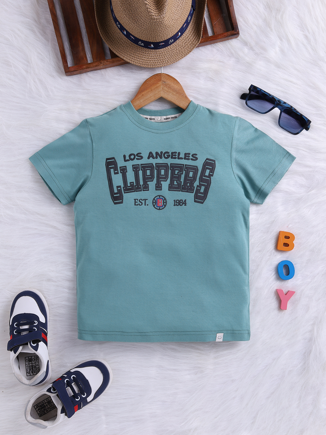Happy Faces Solid Typographic Printed Pure Cotton T-Shirt For Boys(E.Green , Pack Of 1)