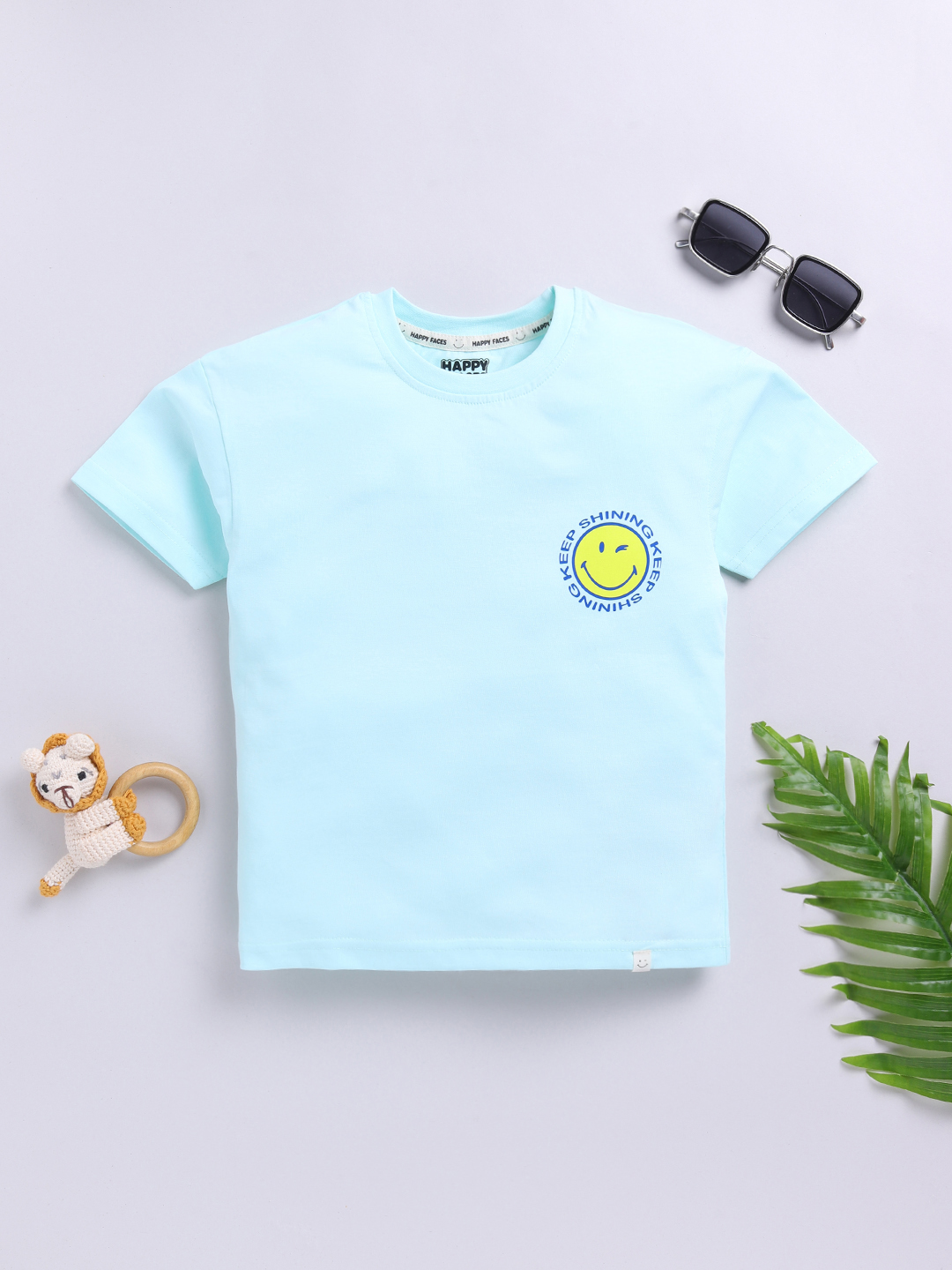 Happy Faces Smiley World Printed Pure Cotton T-Shirt For Boys(Yucca Green, Pack Of 1)