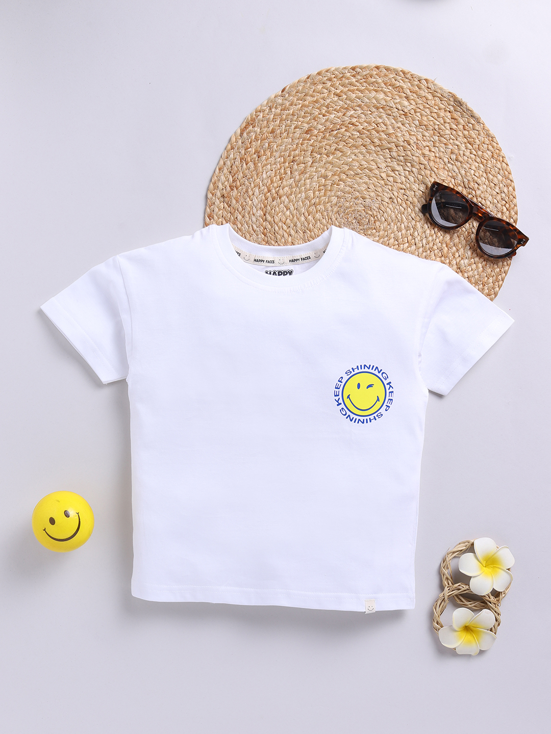 Happy Faces Smiley World Printed Pure Cotton T-Shirt For Boys(White, Pack Of 1)