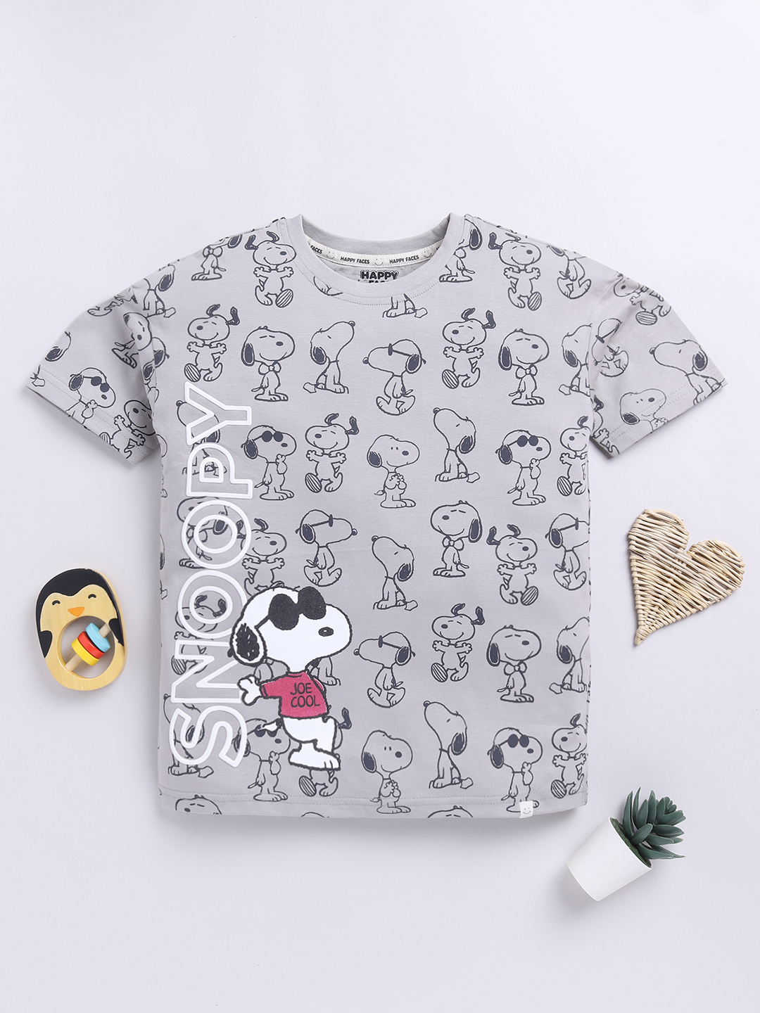 Happy Faces Snoopy Comic Printed Pure Cotton  T-Shirt For Boys(Lt. Charcoal, Pack Of 1)