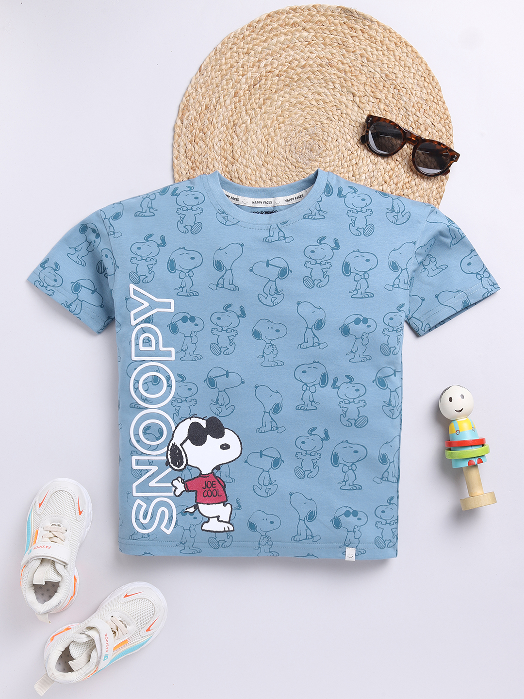 Happy Faces Snoopy Comic Printed Pure Cotton  T-Shirt For Boys(E.Blue, Pack Of 1)