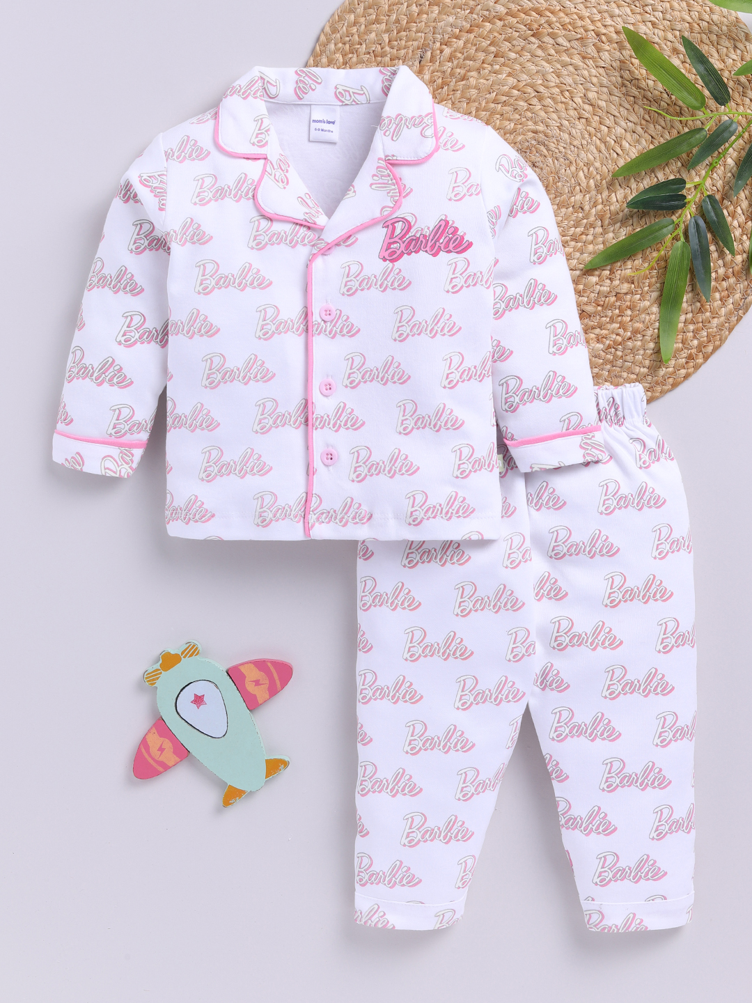 Mom’s Love Barbie Printed Pure Cotton Night Ware For Infant Girls (White, Pack Of 1)