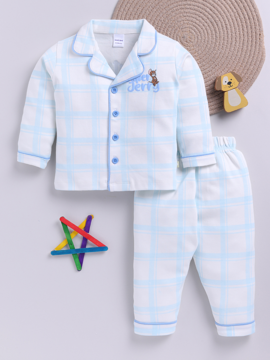 Moms Love Checked Printed Pure Cotton Sleep Suits for Infant Boys (Blue, Pack of 1)