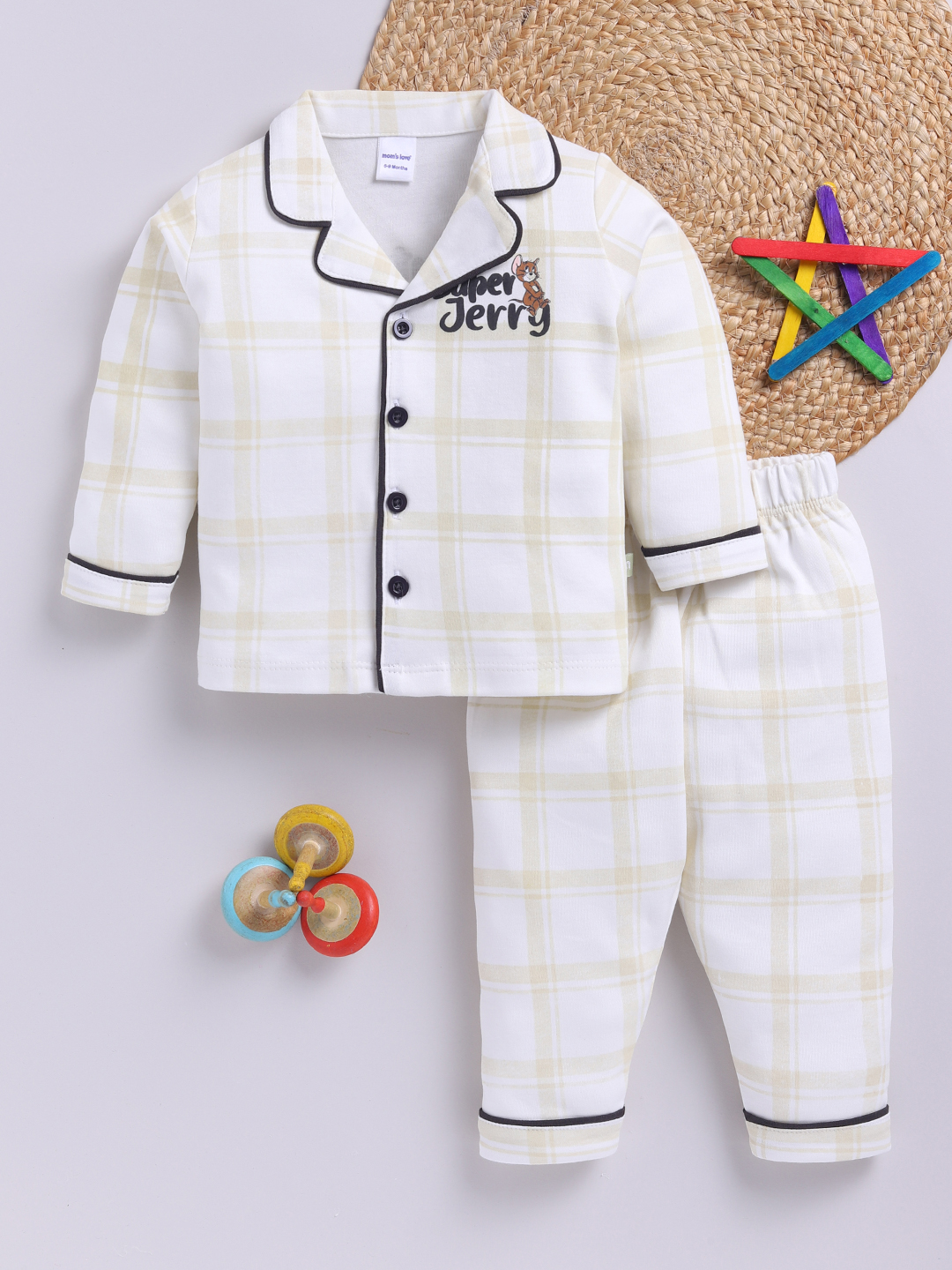 Moms Love Checked Printed Pure Cotton Sleep Suits for Infant Boys (Charcoal, Pack of 1)