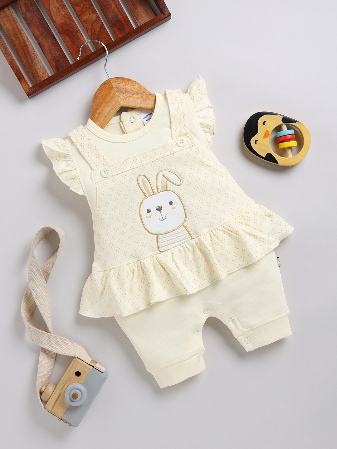 Mom’s Love Bunny Printed Pure Cotton Romper for Girls (Butter, Pack of 1)
