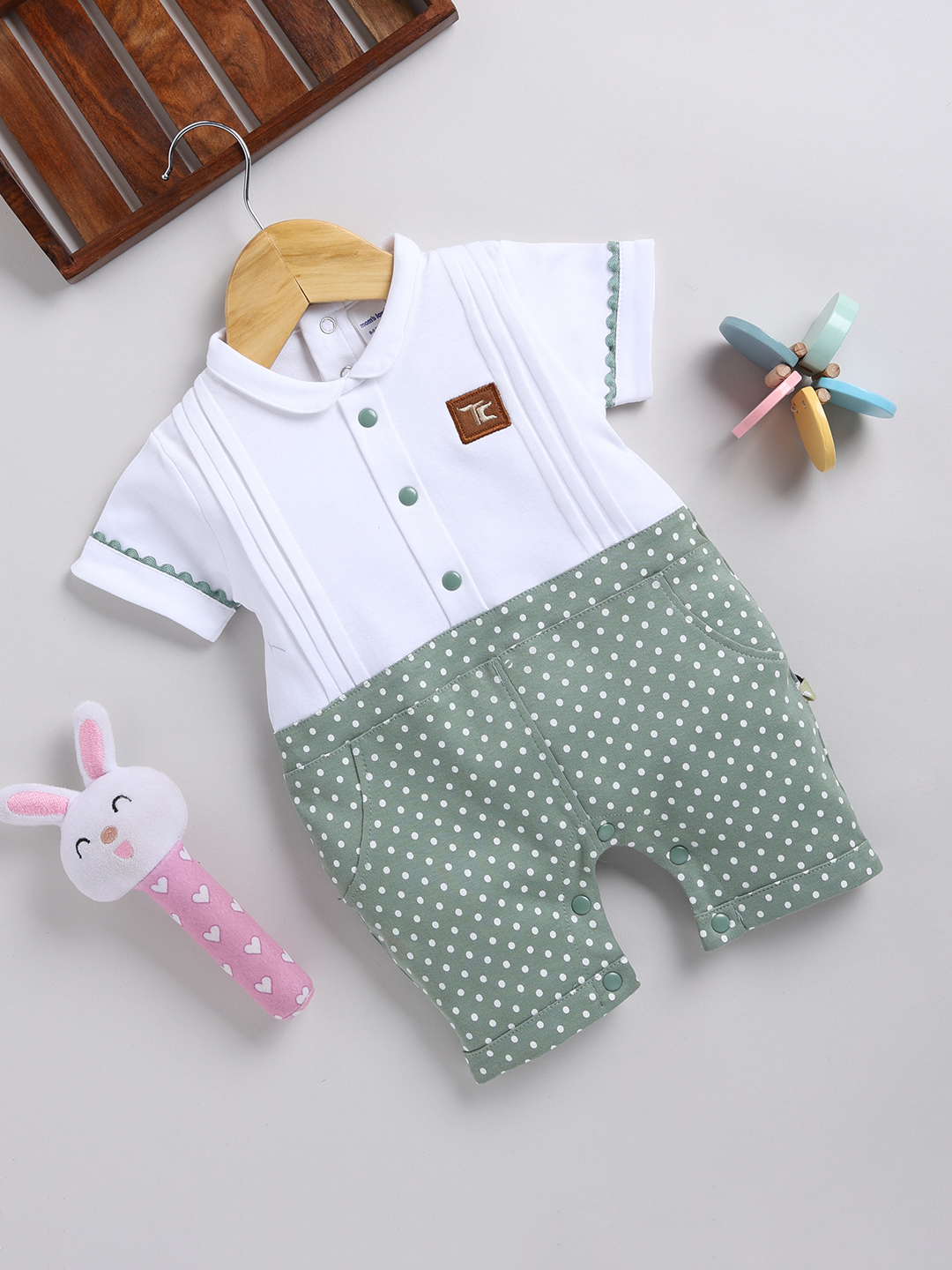 Mom’s love polka Print pure cotton Romper for Boys (Light olive, Pack of 1)