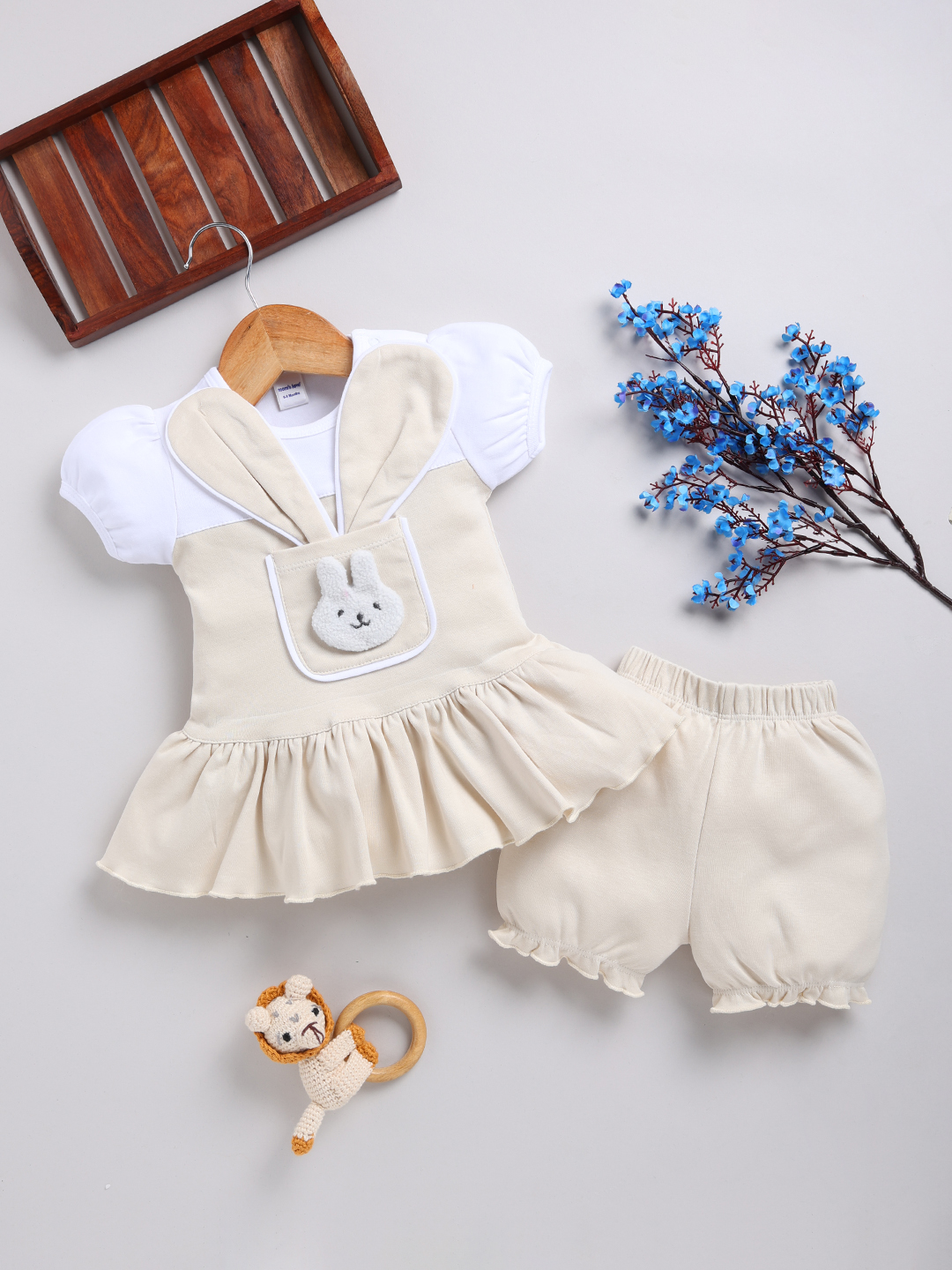 Mom’s Love Bunny Faces Pure Cotton Frock And Dress For Infant Girls (Beige, Pack Of 1)