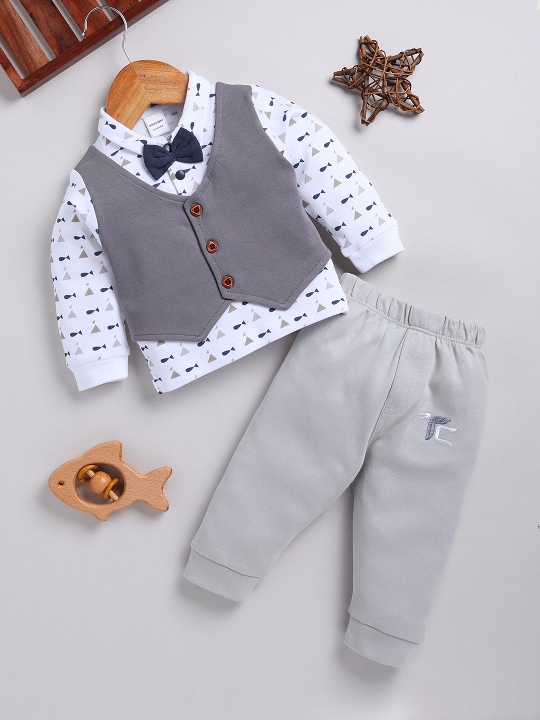 Mom’s Love Polka Dotted Printed Pure Cotton T-Shirt With Joggers For Infant Boys (Grey, Pack Of 1)