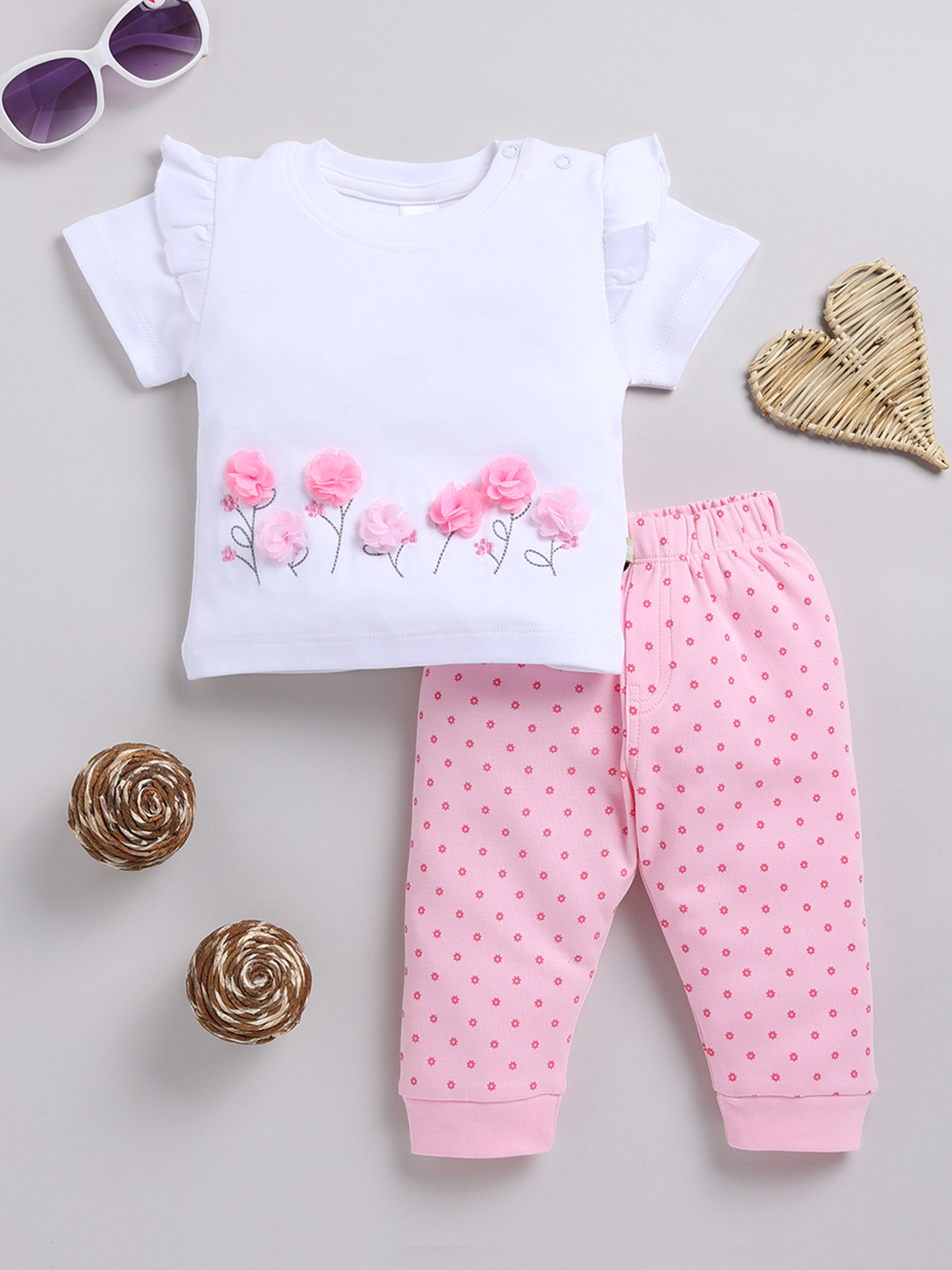 Mom’s Love Polka Dotted Printed Pure Cotton T-Shirt With Joggers For Infant Girls (Pink, Pack Of 1)