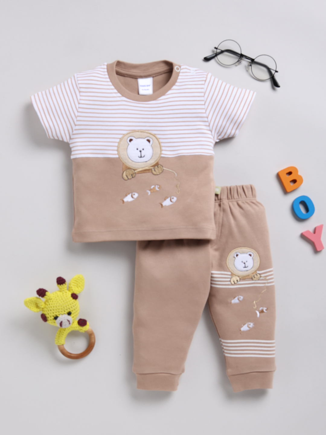 Mom’s Love Striped Printed Pure Cotton T-Shirt With Joggers For Infant Boys (Beige, Pack Of 1)
