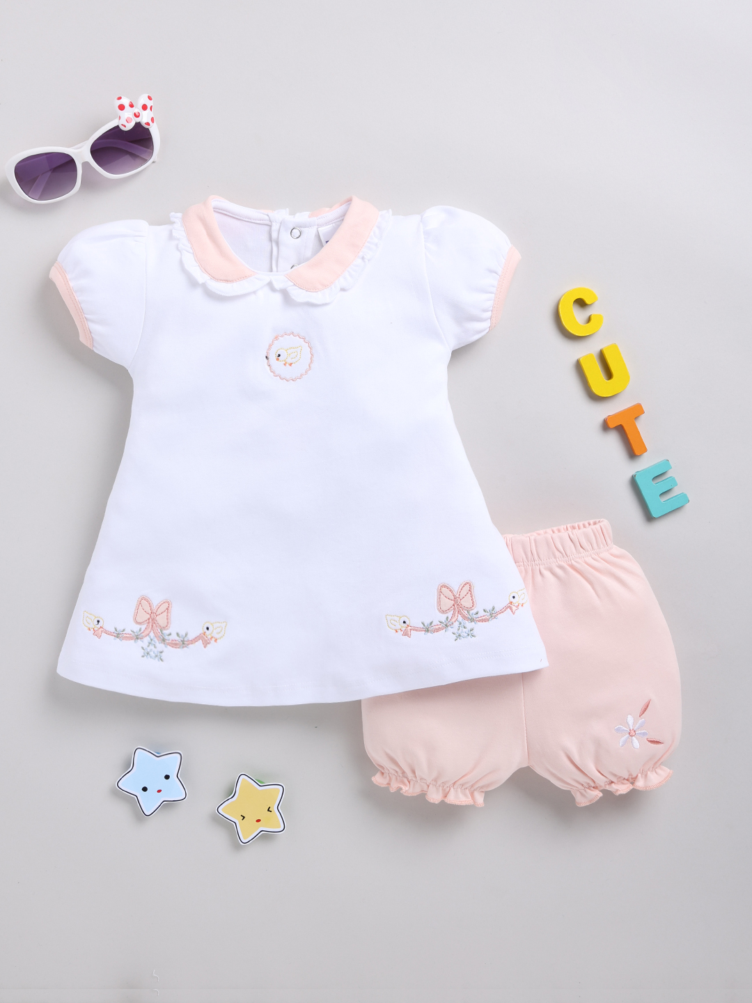 Mom Love Solid Printed Pure Cotton Frock and Dresses for Infant Girls ( Light Peach, Pack of 1)