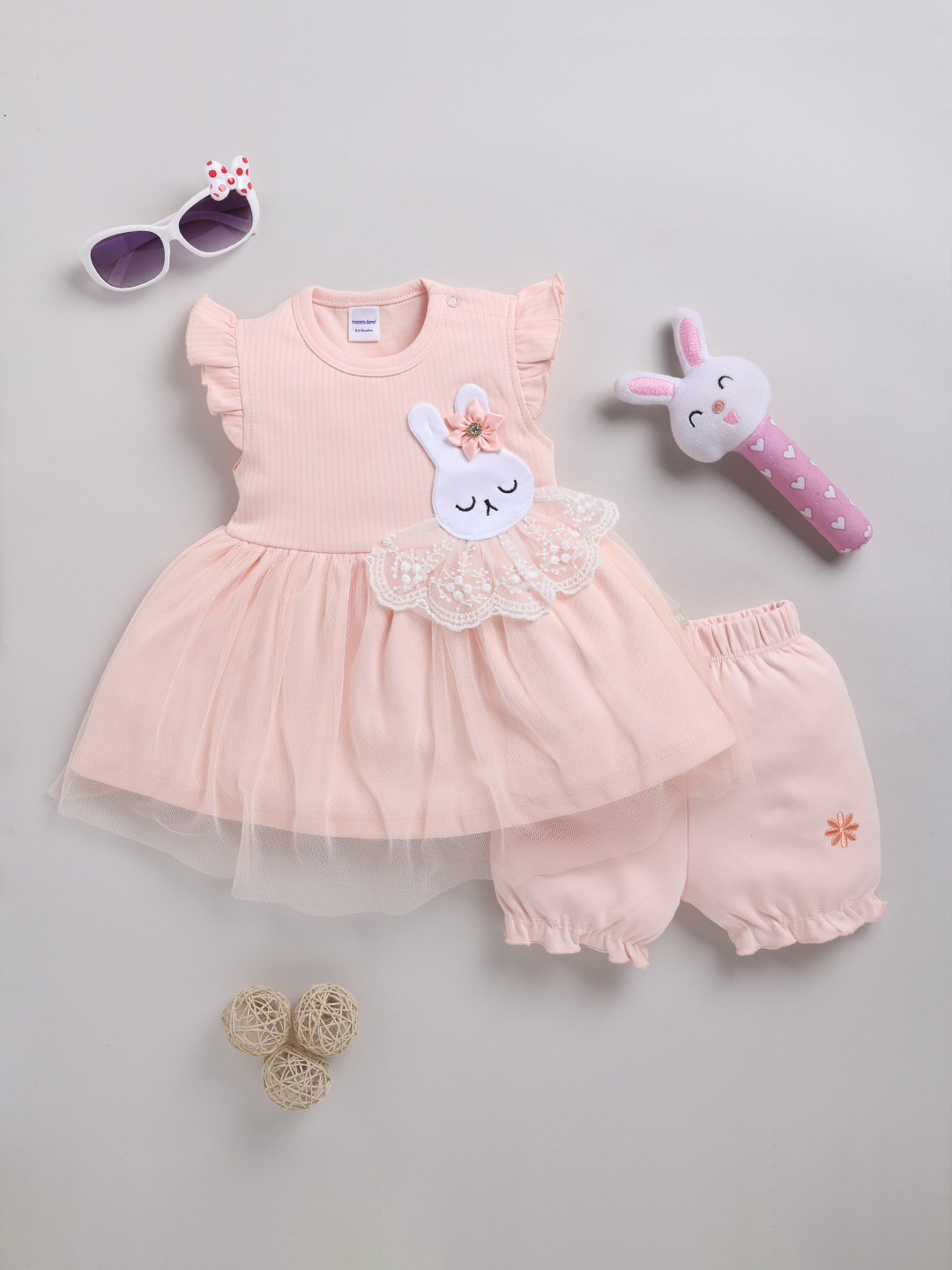 Mom Love Solid Printed Pure Cotton Frock And Dresses For Infant Girls (Light Peach, Pack Of 1)