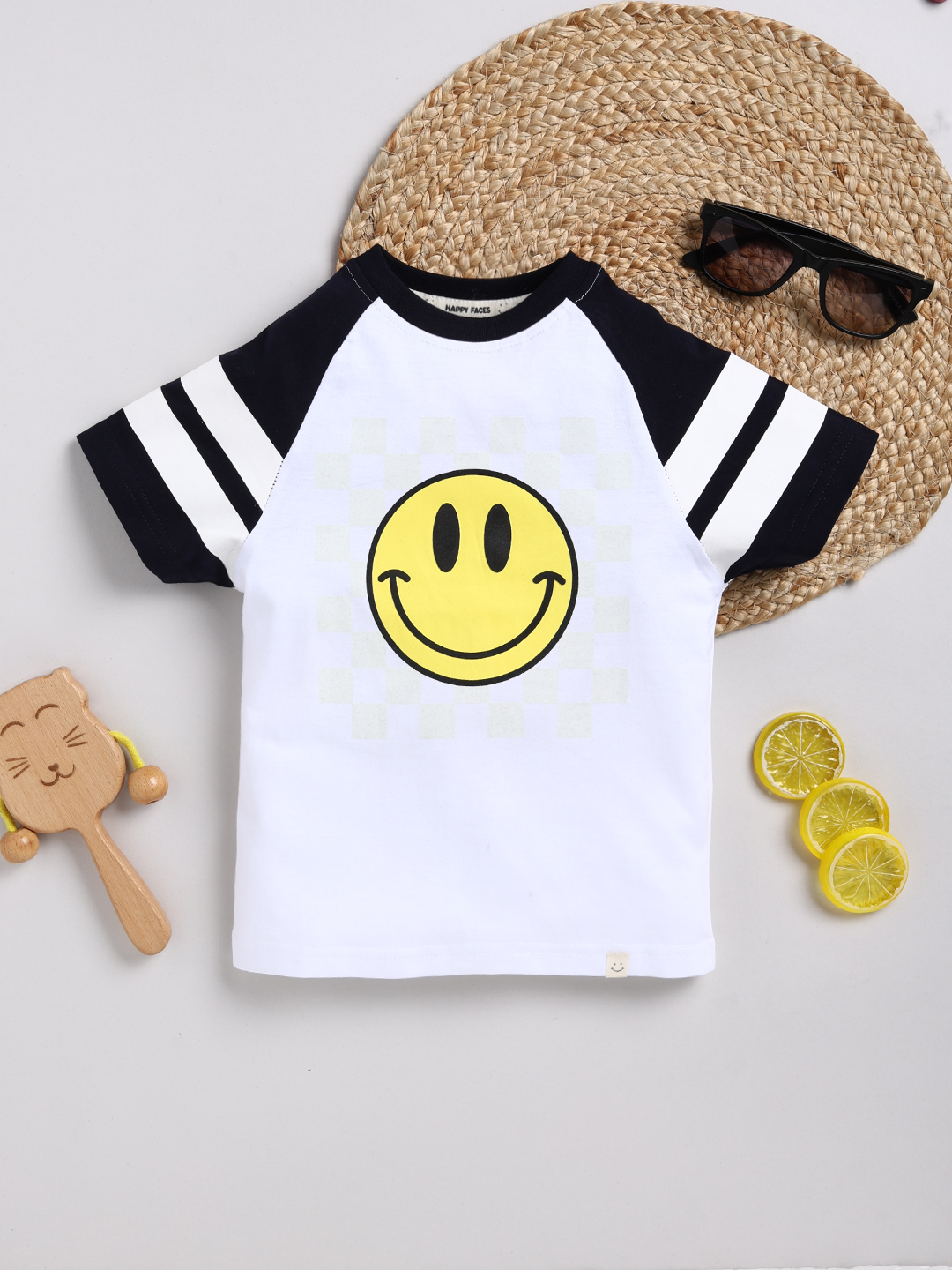 Happy Faces Smiley World Printed Pure Cotton T-Shirt For Boys(White, Pack Of 1)