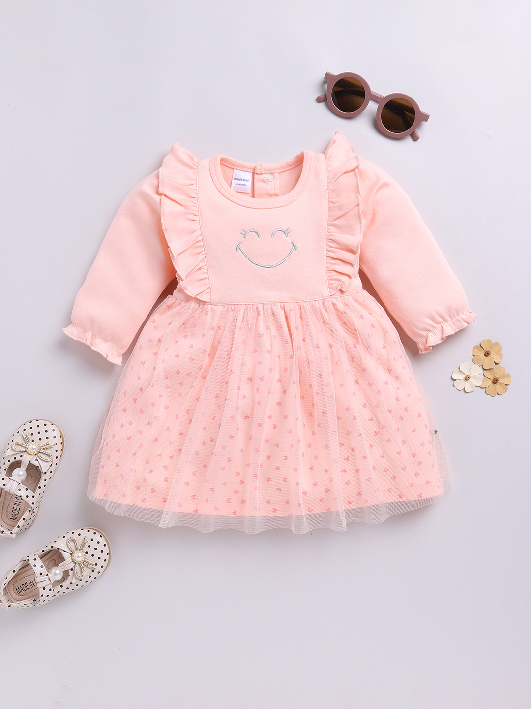 Mom’s Love Smiley Printed Pure Cotton Frock And Dress For Infant Girls (Salmon, Pack Of 1)