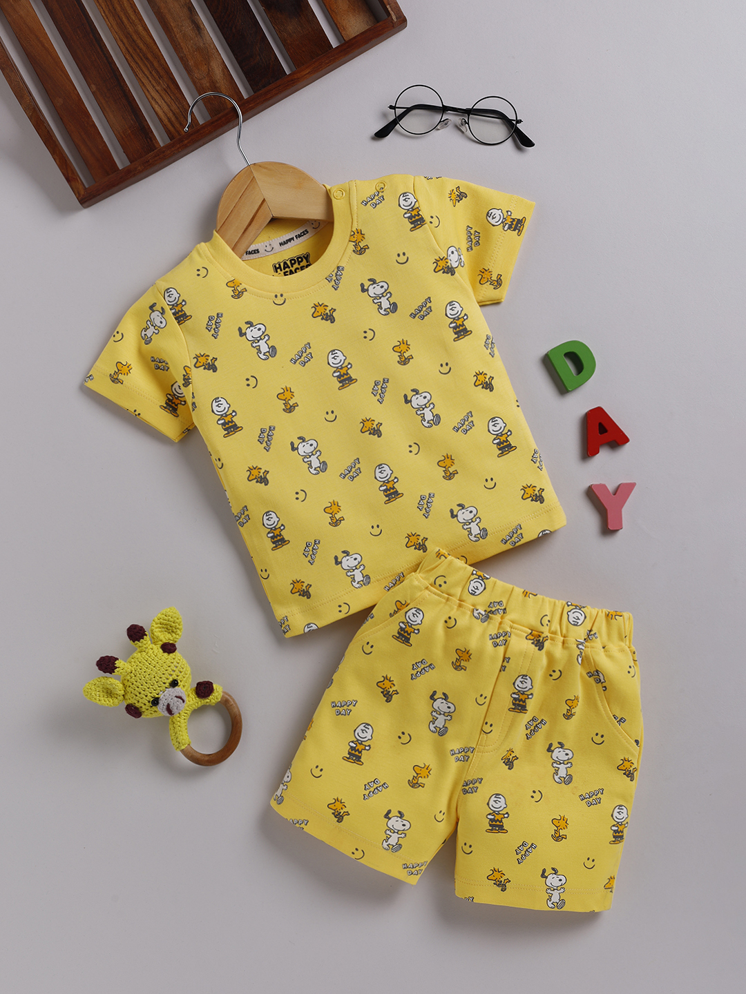 Happy Faces Solid Snoopy Printed Cotton Clothing Set For Infant Boys( Sunshine Yellow, Pack of 1)