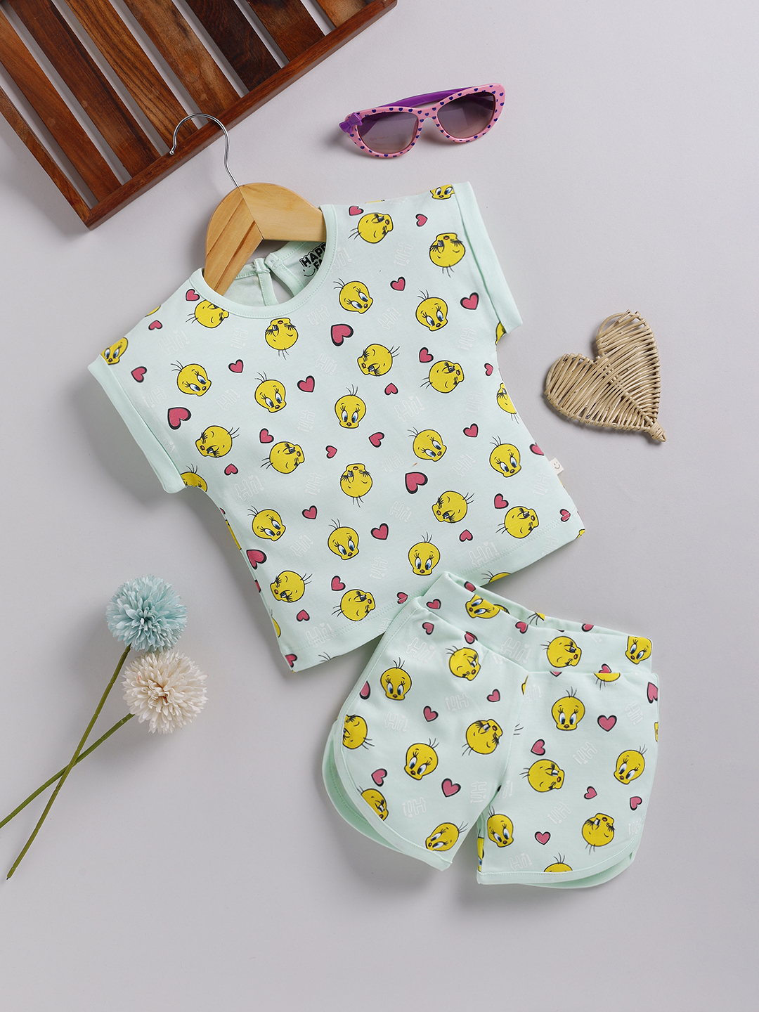 Happy Faces Solid Tweety Cotton Printed Clothing Set For Infant Girls(Mint, Pack Of 1)