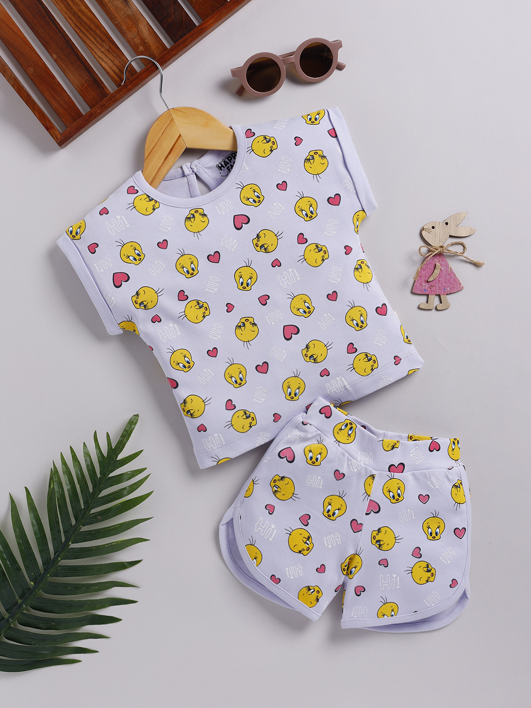 Happy Faces Solid Tweety Cotton Printed Clothing Set For Infant Girls(Lilac, Pack Of 1)