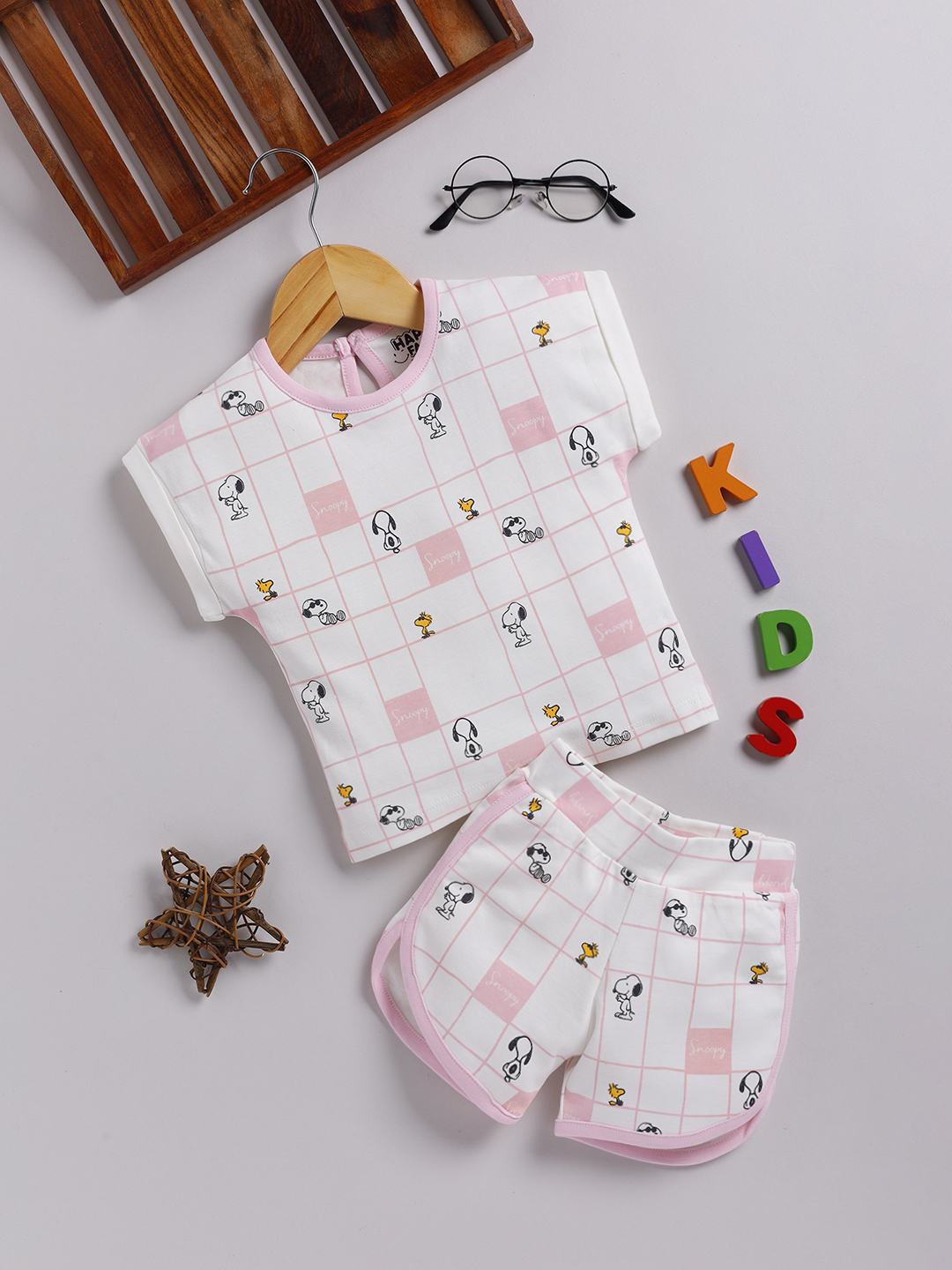 Happy Faces Checked Peanut Printed Cotton Clothing Set For Infant Girls(Coral, Pack Of 1)