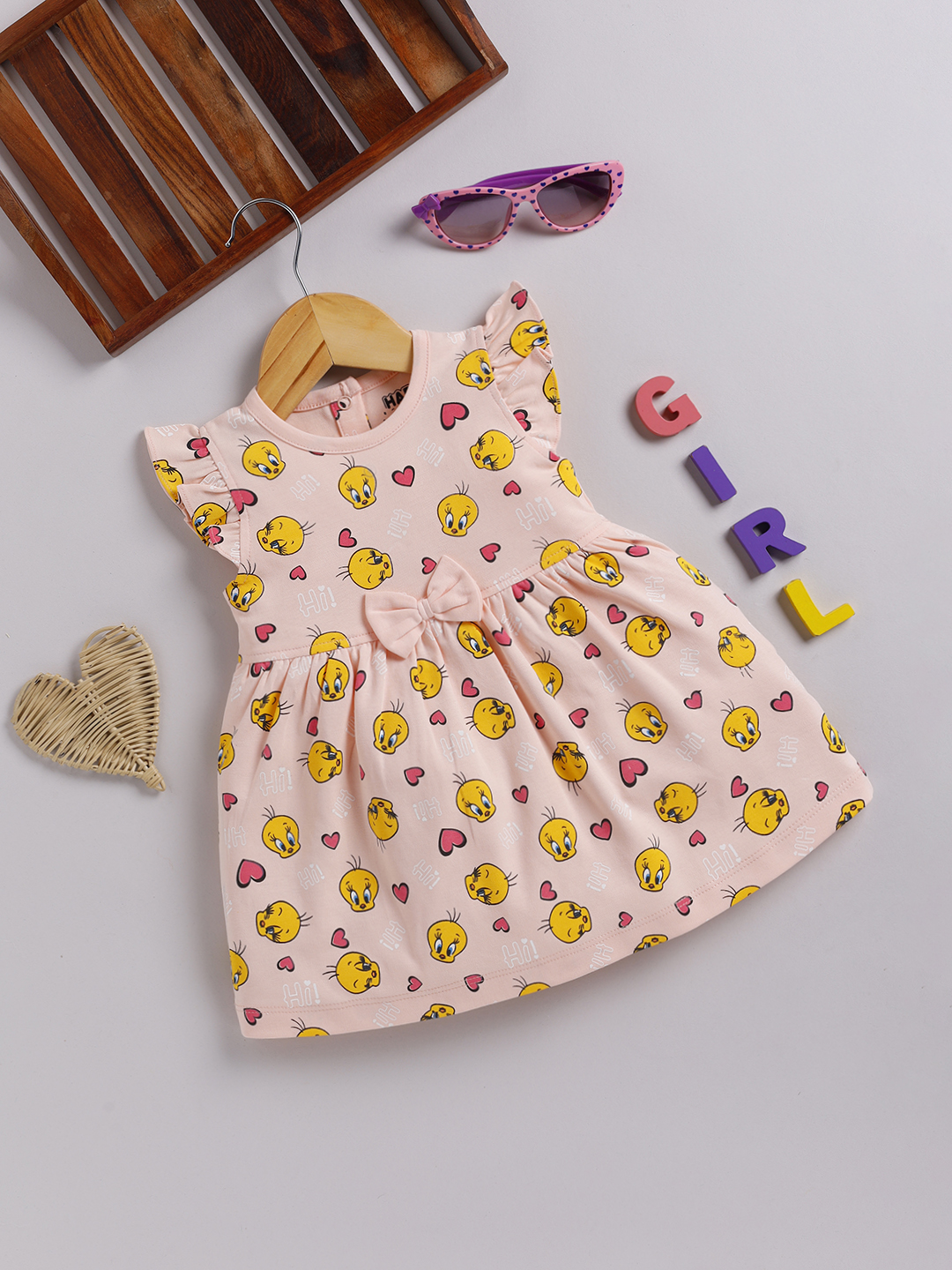 Happy Faces Solid  Peanuts Cotton Frock For Infant Girls(Salmon, Pack Of 1)
