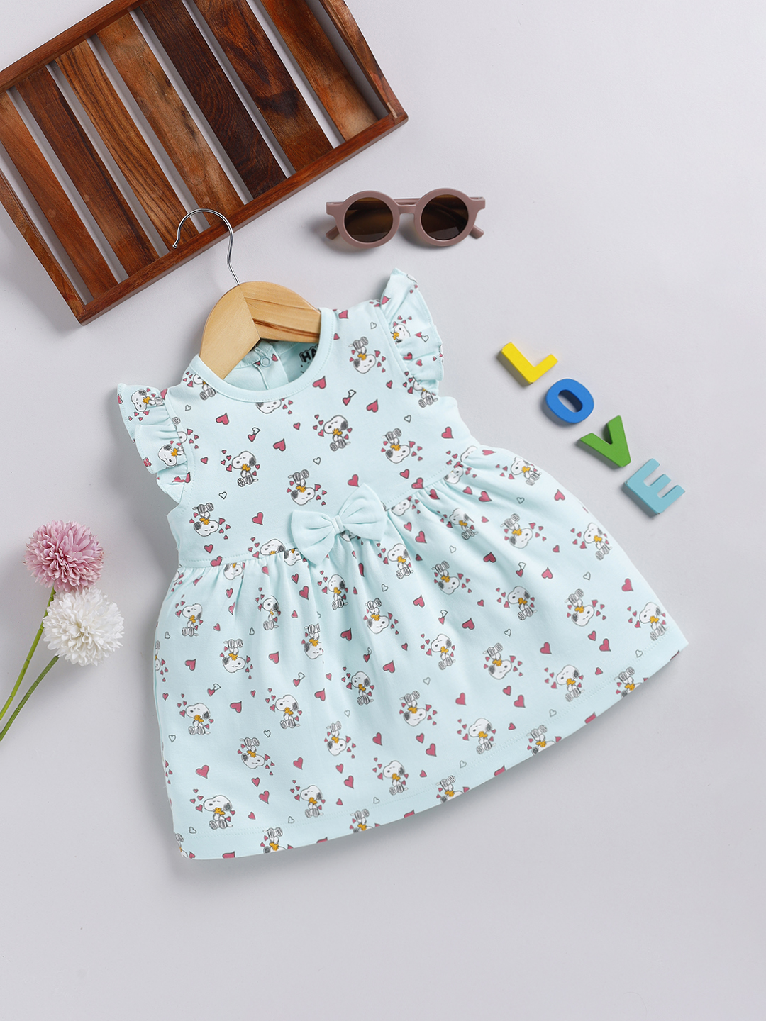 Happy Faces Solid  Peanuts Cotton Frock For Infant Girls( Seagreen, Pack Of 1)