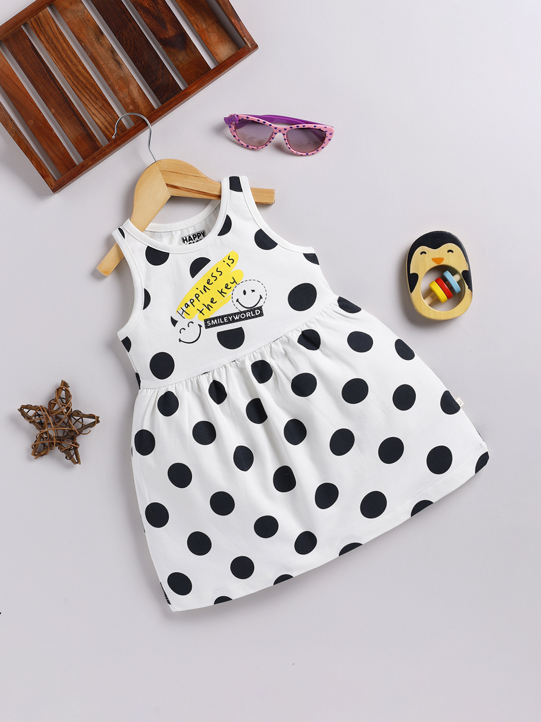 Happy Faces Smiley World and Polka Dot Printed Pure Cotton Frock For Girls (Off White, Pack Of 1)