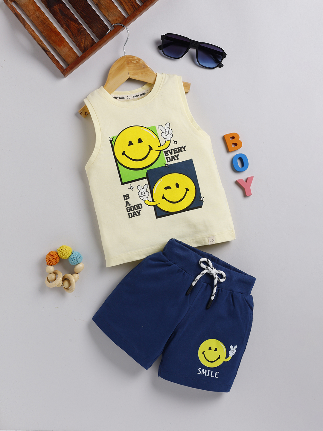 Happy Faces Smiley World  Printed Sleeveless Cotton Clothing Set For Boys(Off-White, Pack OF 1)
