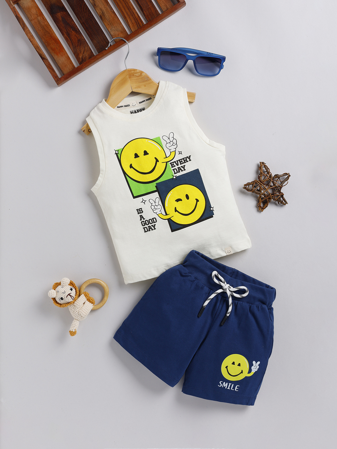 Happy Faces Smiley World  Printed Sleeveless Cotton Clothing Set For Boys(Off-White, Pack OF 1)