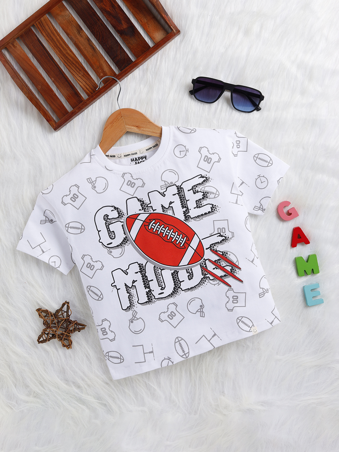 Happy Faces Typographic Printed Pure Cotton T-Shirt For Boys(White, Pack Of 1)