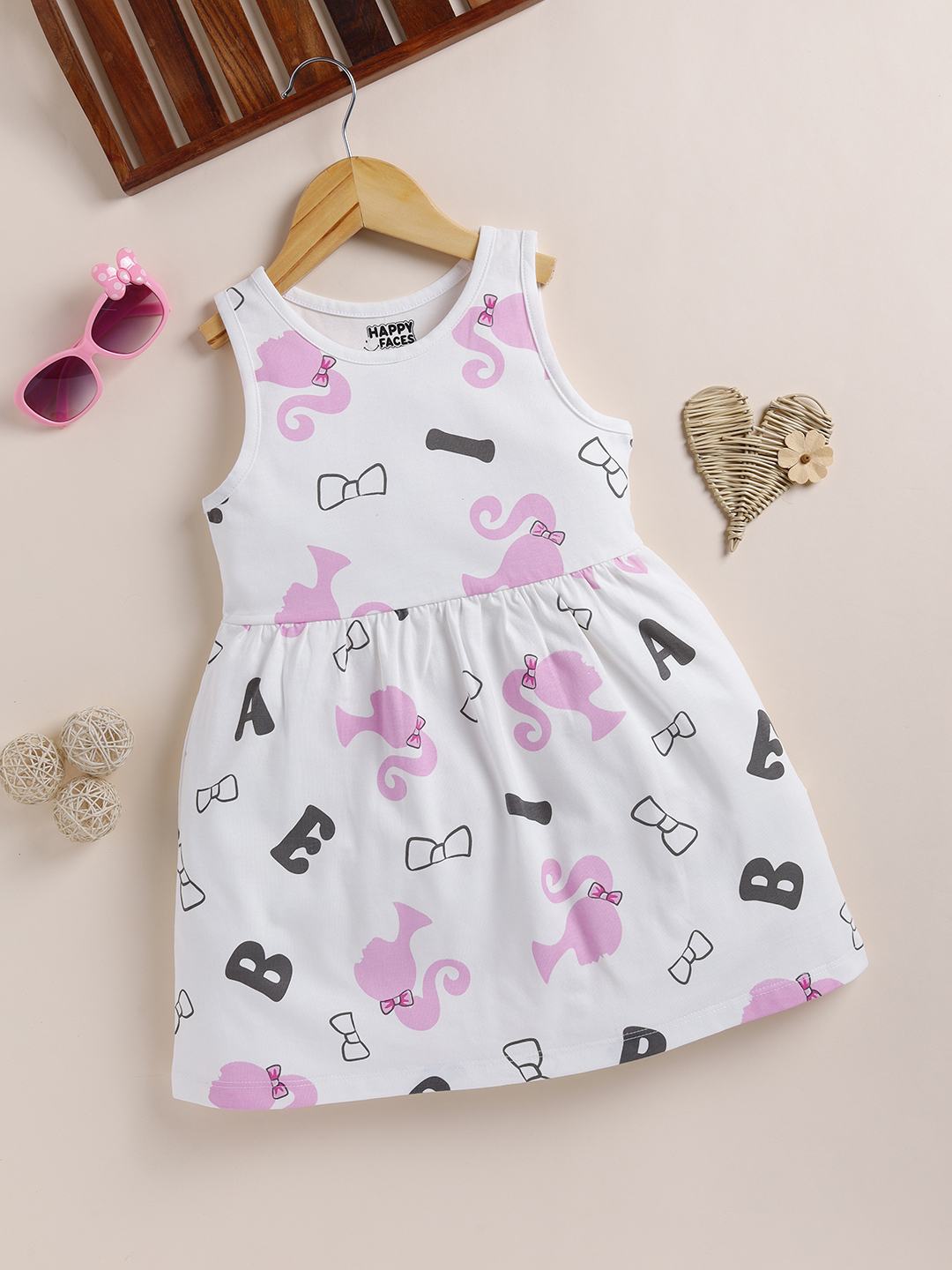 Happy Faces Barbie Printed Pure Cotton Frock For Girls (Off White, Pack Of 1)