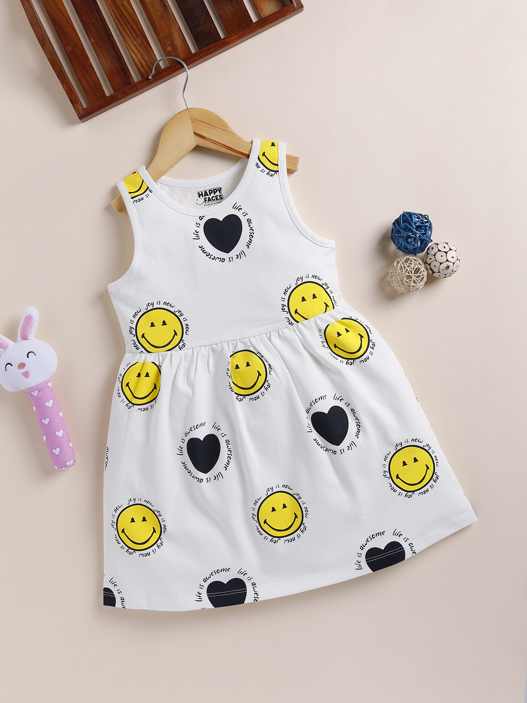 Happy Faces Smiley World Printed Pure Cotton Frock For Girls(Off White, Pack Of 1)