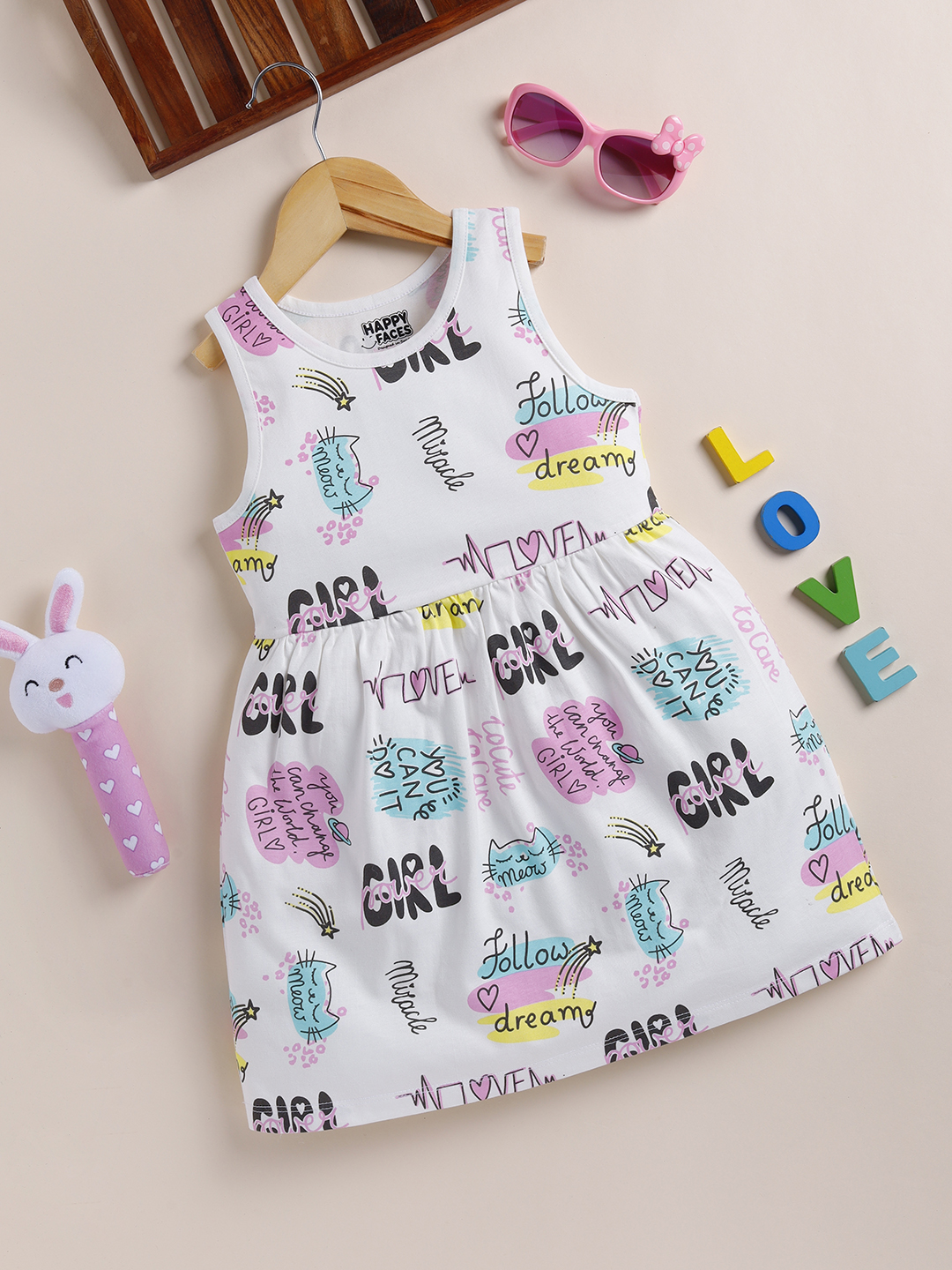 Happy Faces Graphic Printed Pure Cotton Frock For Girls(Off White, Pack Of 1)