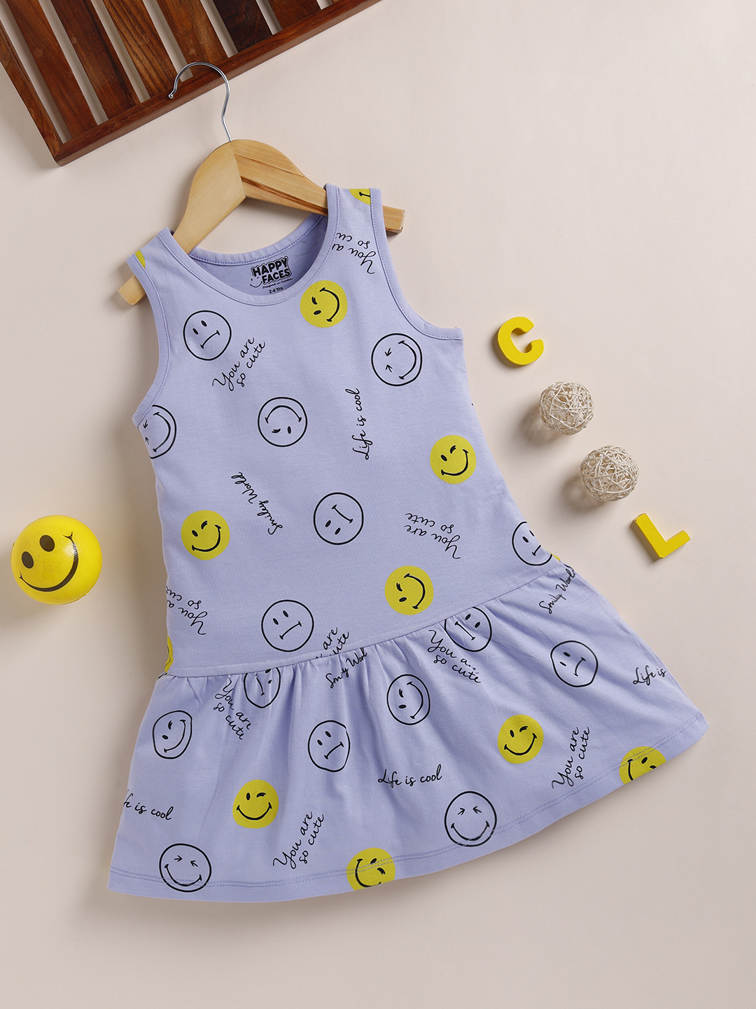 Happy Faces Smiley World Printed Pure Cotton Frock For Girls(Light Mauve, Pack Of 1)