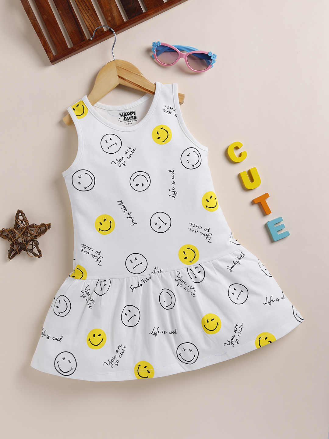 Happy Faces Smiley World Printed Pure Cotton Frock For Girls(Off White, Pack Of 1)