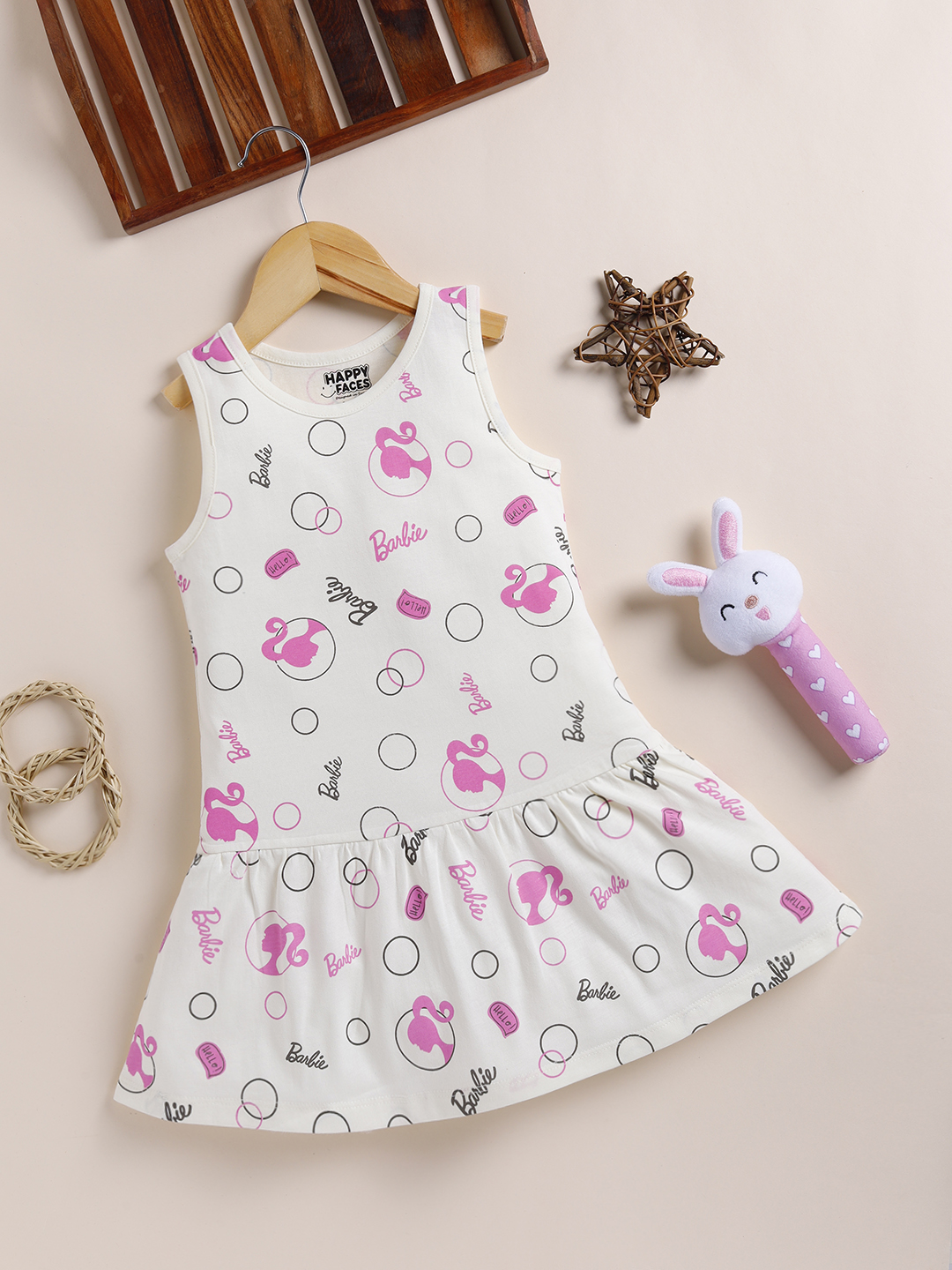 Happy Faces Barbie Printed Pure Cotton Frock For Girls(Off White, Pack Of 1)