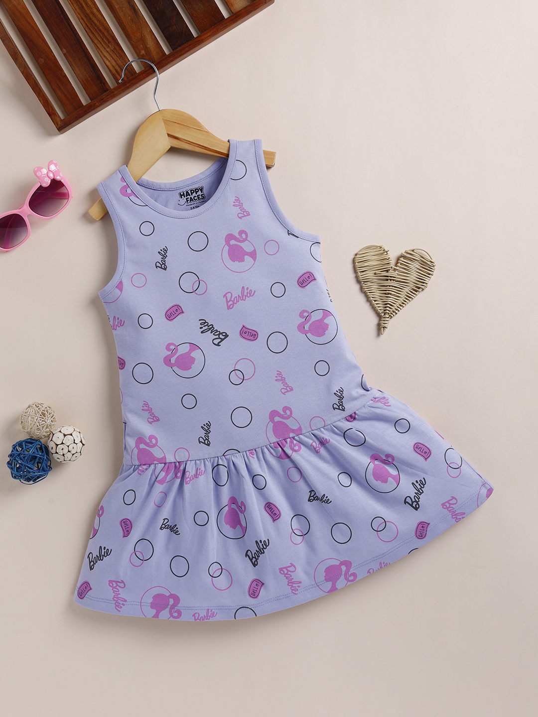 Happy Faces Barbie Printed Pure Cotton Frock For Girls(Light Mauve, Pack Of 1)