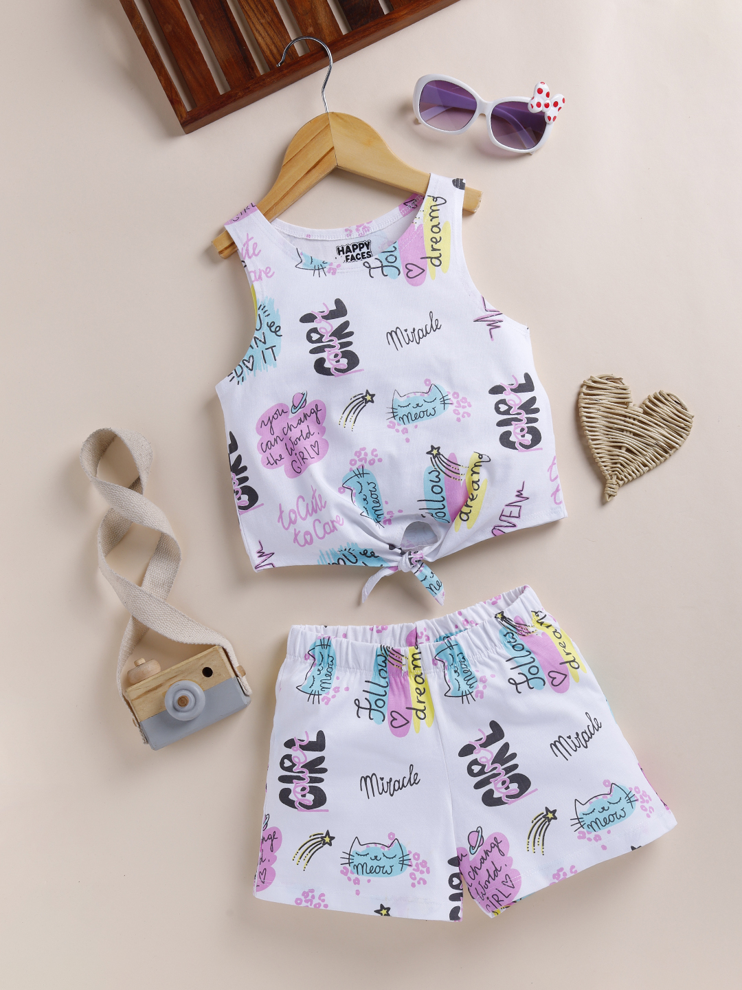 Happy Faces Graphic Printed Pure Cotton Clothing Set For Girls(White, Pack Of 1)