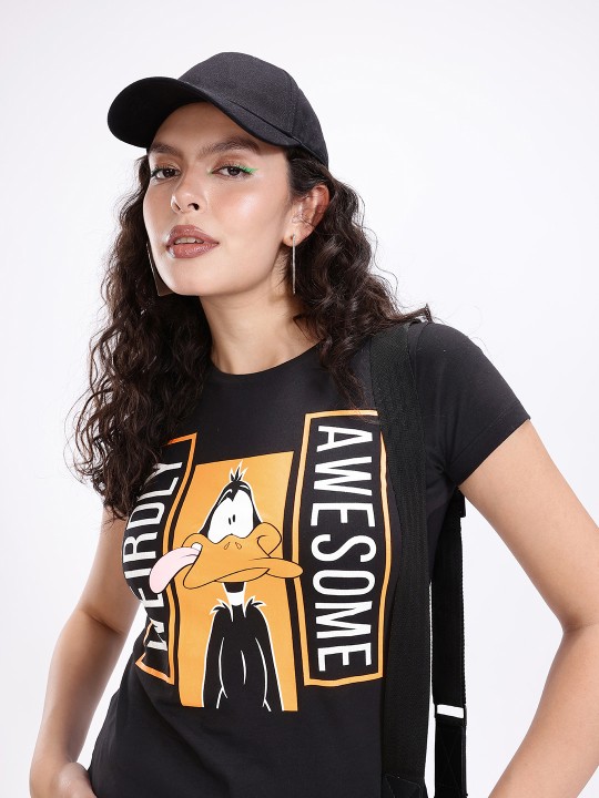 Black & Mustard Yellow Looney Tunes Humour Graphic Printed T-Shirt for Women