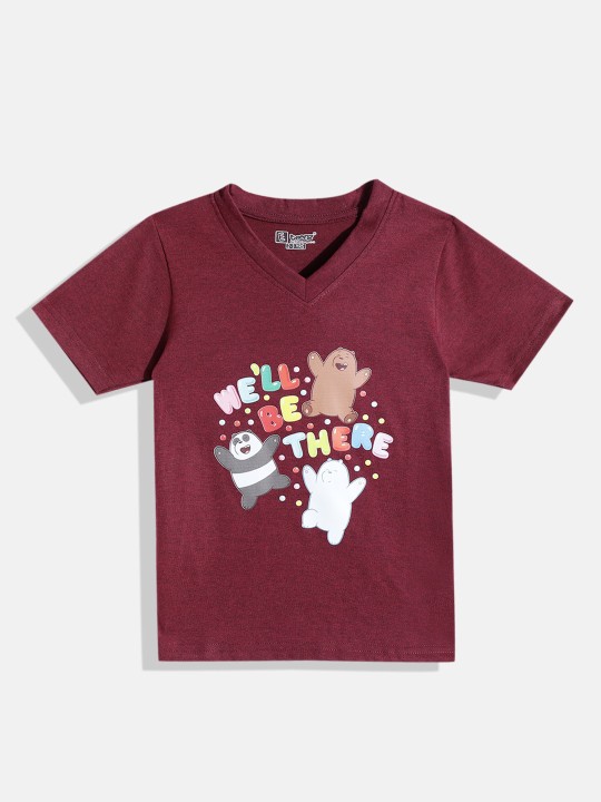 Eteenz We Bare Bears Comic Printed Premium Cotton Regular Fit V-Neck T-shirt for Boys (Maroon, Pack of 1)