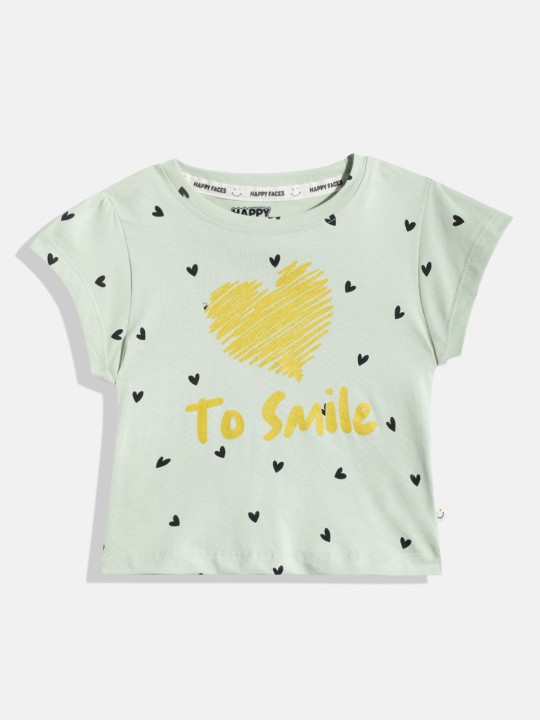Happy Faces Graphic Printed Cotton T-shirt  for Girls(Green, Pack Of 1)