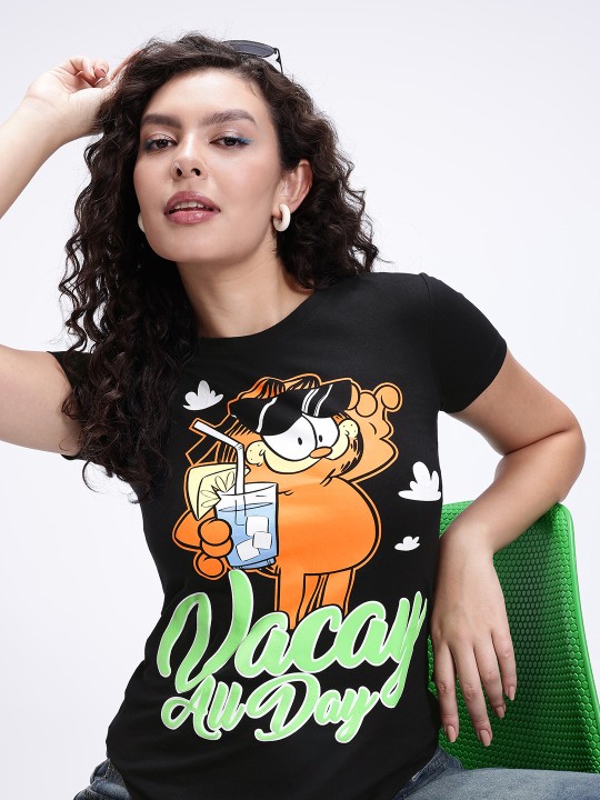 Black & Orange Garfield Graphic Printed T-Shirt for Women