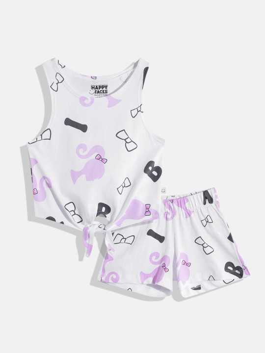 Happy Faces Barbie Printed Pure Cotton Clothing Set For Girls(White, Pack Of 1)