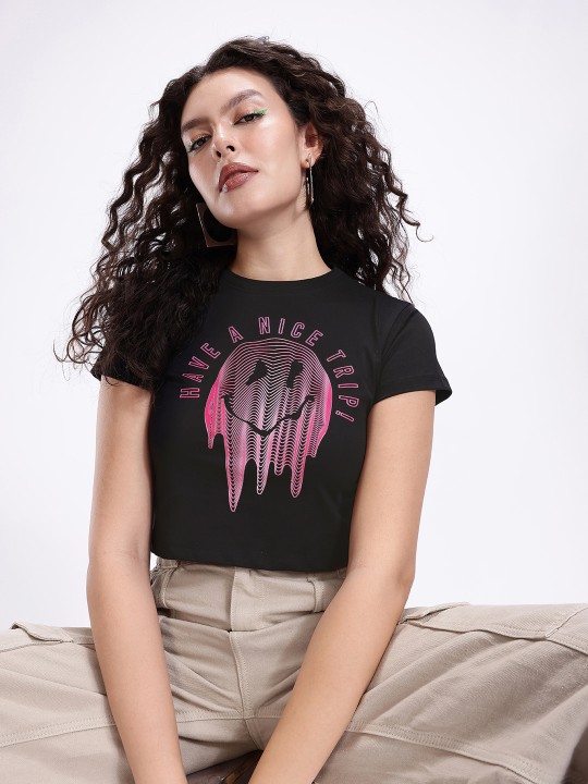 Women’s Black & Pink Graphic Crop T-Shirt