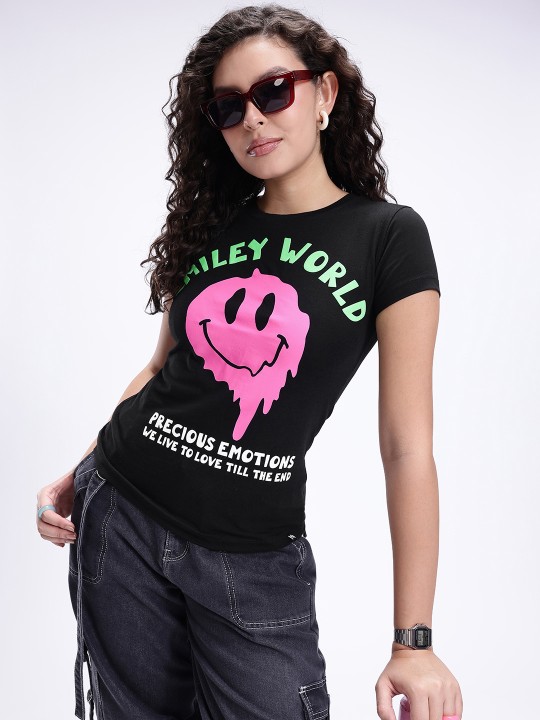 Black & Pink Graphic Printed T-Shirt for Women